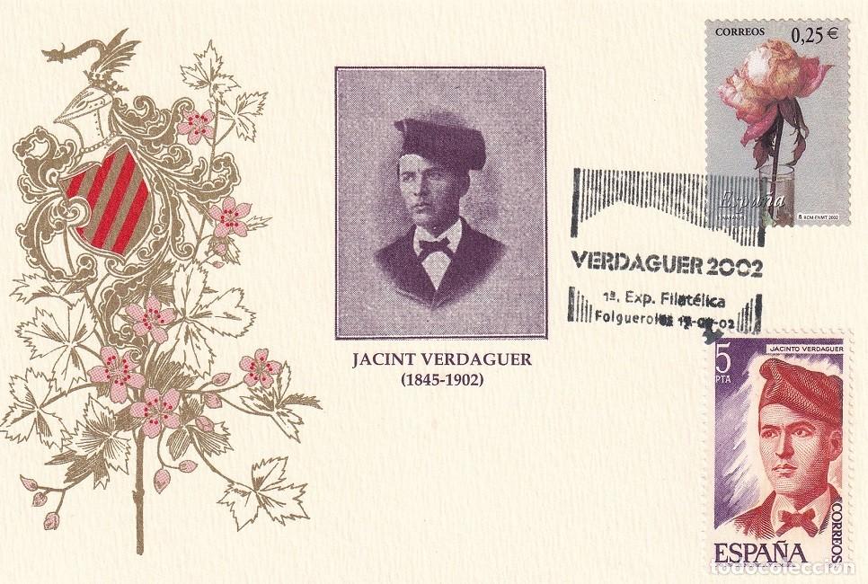Sellos: Tarjeta Folgueroles 2002 - 1&ordf; Exposici&oacute;n Filat&eacute;lica Jacint Verdaguer 1845-1902, La flor y el paisaje
