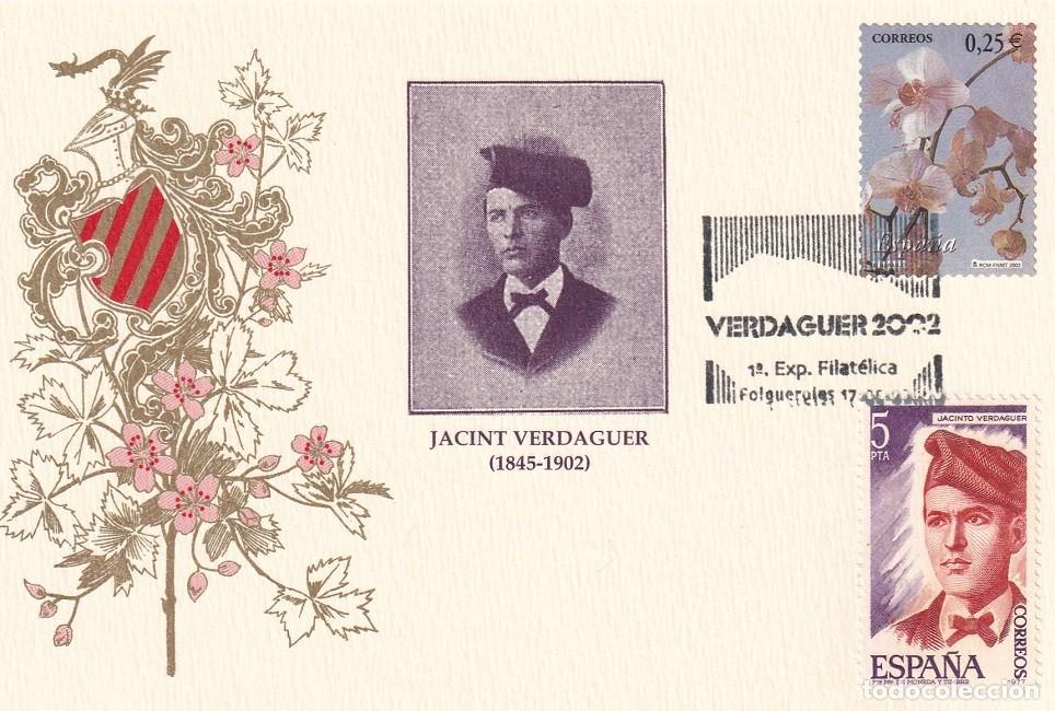 Sellos: Tarjeta Folgueroles 2002 - 1&ordf; Exposici&oacute;n Filat&eacute;lica Jacint Verdaguer 1845-1902, La flor y el paisaje