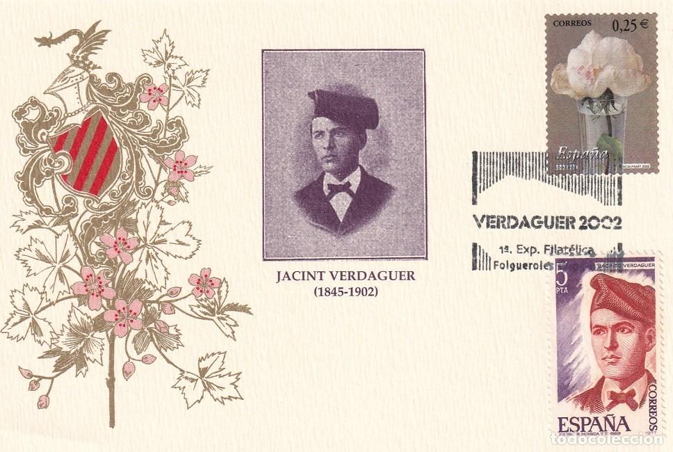 Sellos: Tarjeta Folgueroles 2002 - 1&ordf; Exposici&oacute;n Filat&eacute;lica Jacint Verdaguer 1845-1902, La flor y el paisaje