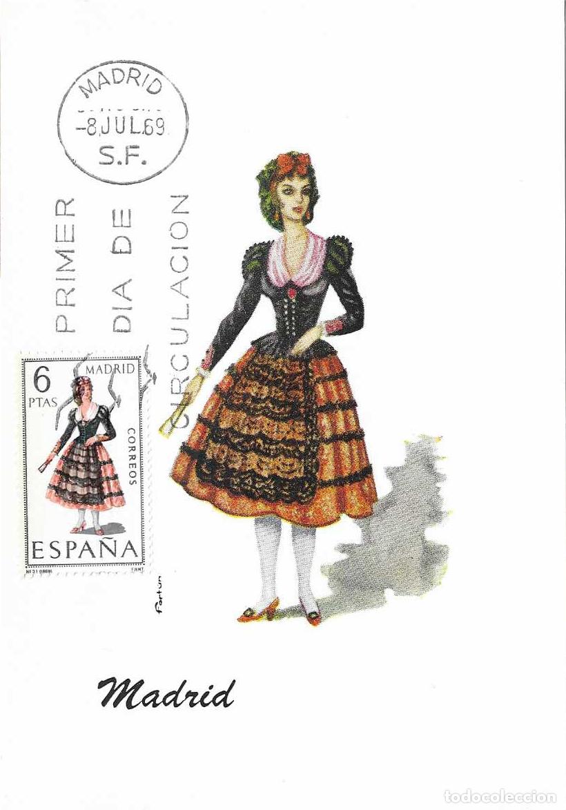 Sellos: TRAJE DE MADRID TRAJES TIPICOS ESPA&Ntilde;OLES 1969 (EDIFIL 1904) EN TARJETA MAXIMA PRIMER DIA DE MF WXZ