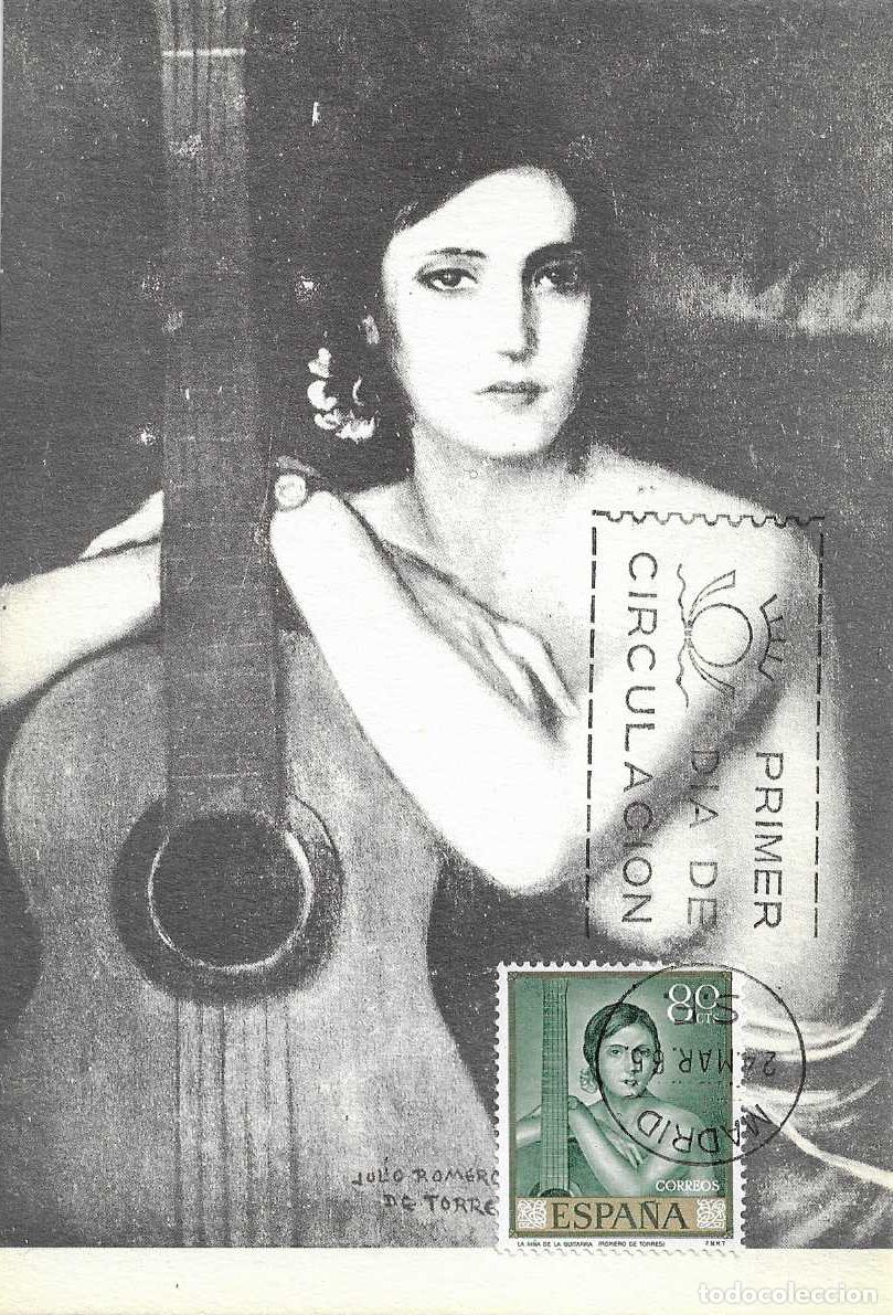 Sellos: PINTURA NI&Ntilde;A DE LA GUITARRA JULIO ROMERO DE TORRES 1965 (EDIFIL 1660) TARJETA MAXIMA PRIMER DIA MPM
