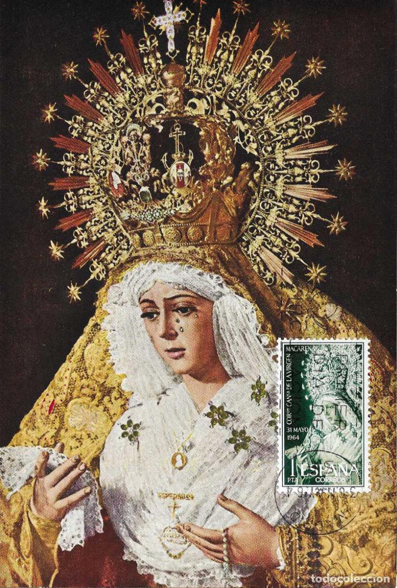 Sellos: CORONACION VIRGEN ESPERANZA MACARENA DE SEVILLA 1964 (EDIFIL 1598) EN TARJETA MAXIMA PRIMER DIA MPM