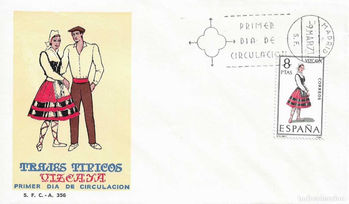 Sellos: TRAJE DE VIZCAYA TRAJES TIPICOS ESPA&Ntilde;OLES 1971 (EDIFIL 2016) EN SPD DEL SERVICIO FILATELICO MADRID