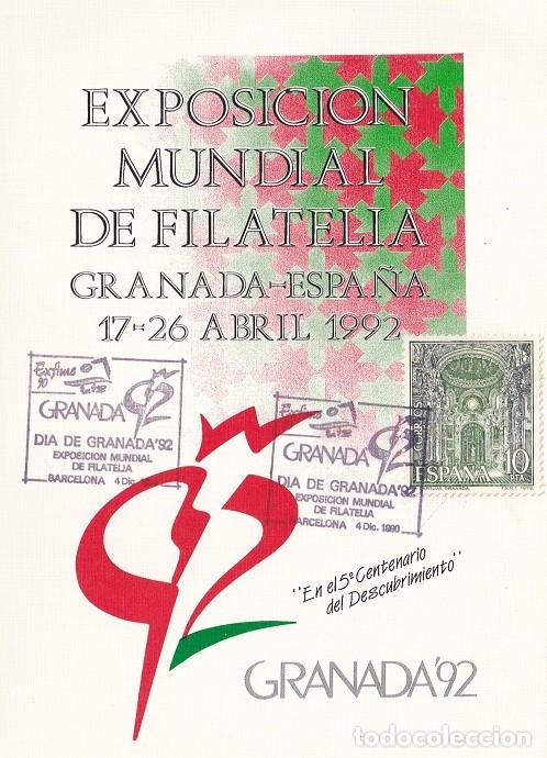 Sellos: Tarjeta Barcelona 1990 - Granada 92 - Exposici&oacute;n Mundial de Filatelia Granada-Espa&ntilde;a Exfime 90