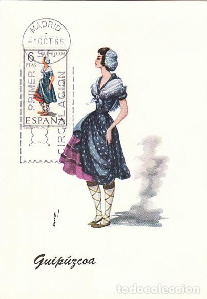 Sellos: Edifil 1849, traje regional de Guip&uacute;zcoa, tarjeta m&aacute;xima de primer d&iacute;a de 1-10-1969