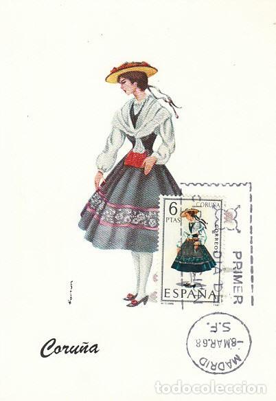 Sellos: Edifil 1841, traje regional de Coru&ntilde;a, tarjeta m&aacute;xima de primer d&iacute;a del a&ntilde;o 1968