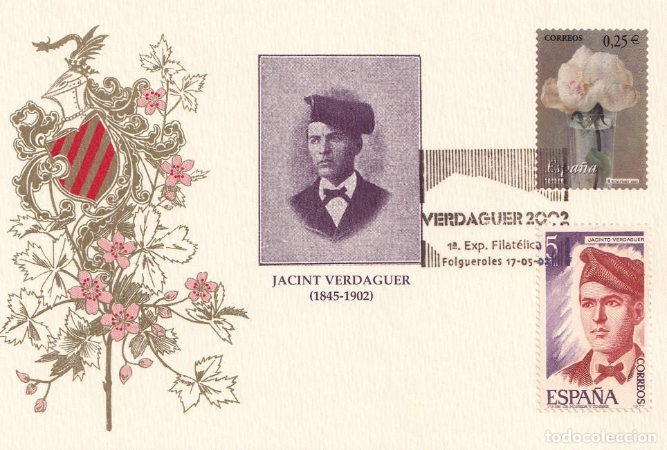 Sellos: Tarjeta Folgueroles 2002 - 1&ordf; Exposici&oacute;n Filat&eacute;lica Jacint Verdaguer 1845-1902, La flor y el paisaje