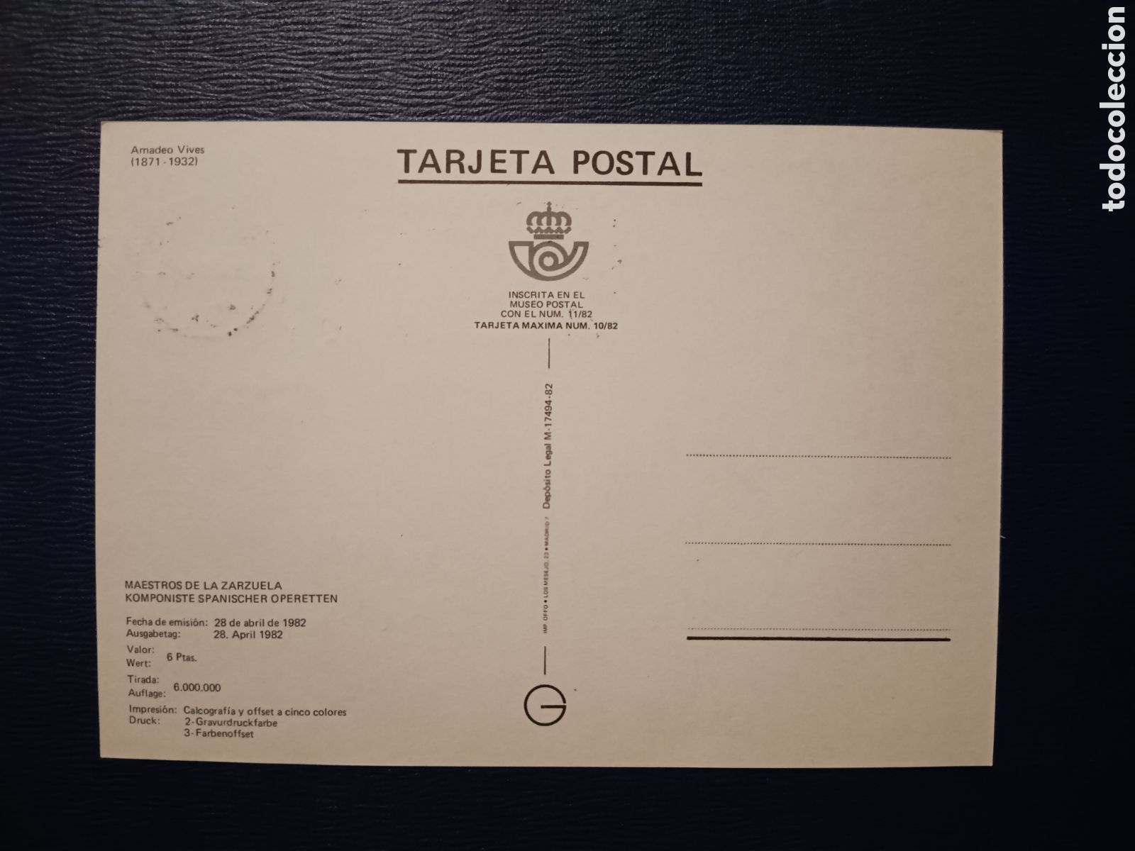 Sellos: TARJETA M&Aacute;XIMA - AMADEO VIVES 1982 - Foto 2