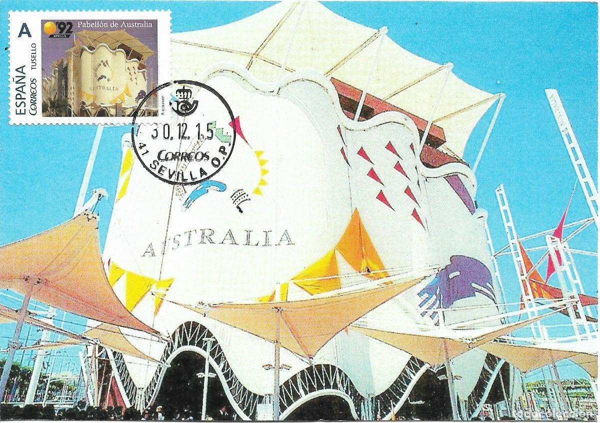 Sellos: ESPA&Ntilde;A. TARJETA MAXIMA. EXPO'92 SEVILLA. PABELLON DE AUSTRALIA