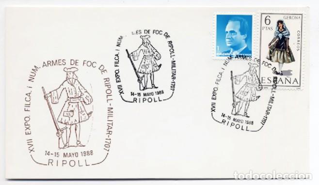 Sellos: TARJETA XVII EXPOSICION FILATELICA Y NUMINASTICA LES ARMES DE FOC RIPOLL 1988