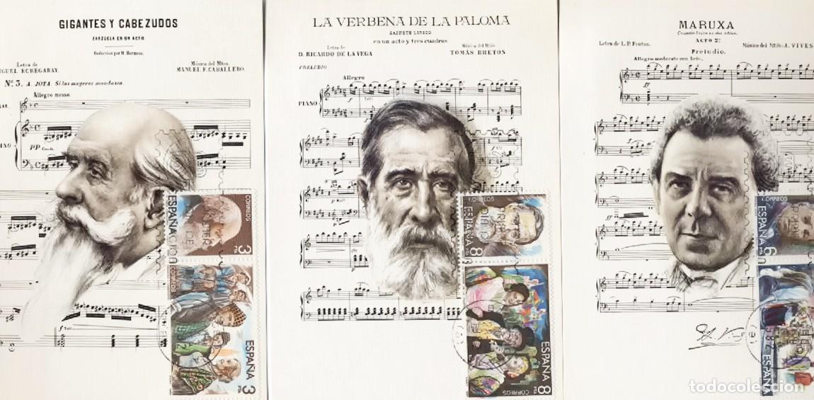 Sellos: TRES TARJETAS MAXIMAS FILATELICAS HOMENAJE GRANDES MAESTROS DE LA ZARZUELA 1982