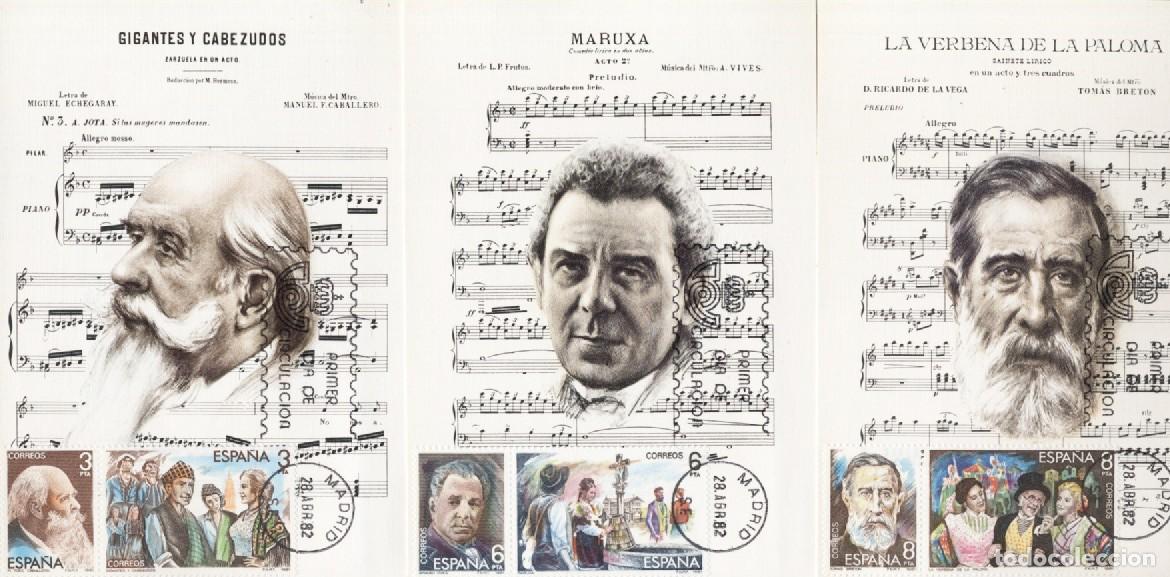 Sellos: TRES TARJETAS MAXIMAS FILATELICAS HOMENAJE GRANDES MAESTROS DE LA ZARZUELA 1982