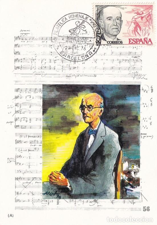 Sellos: Tarjeta M&aacute;xima Centenario Manuel de Falla 1976 - Matasellos Homenaje Pau Casals - Barcelona