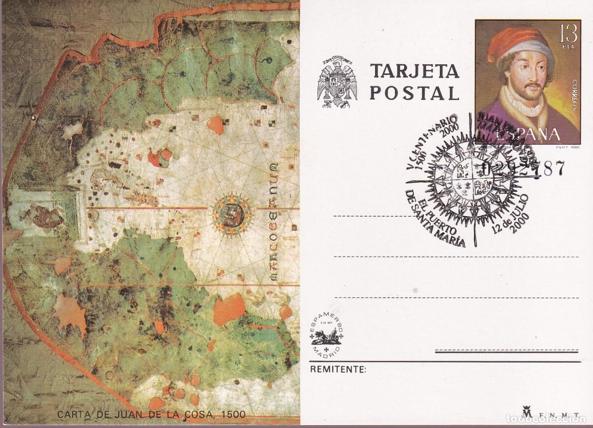 Sellos: PUERTO DE SANTA MARIA - TARJETA MAXIMA - A&Ntilde;O 2000 - JUAN DE LA COSA MAPA MUNDI - V CENTENARIO