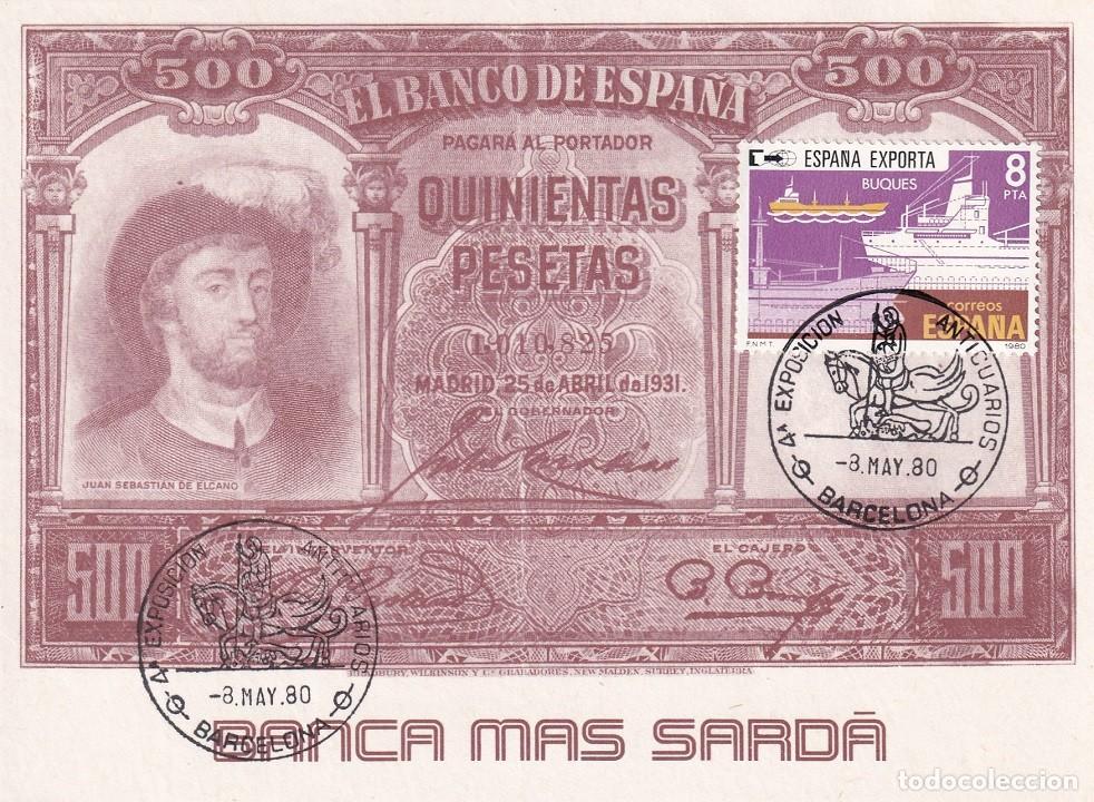 Briefmarken: Tarjeta Barcelona 1980 - Banca Mas Sard&agrave; - 4&ordf; Exposici&oacute;n Anticuarios - Matasellos especiales