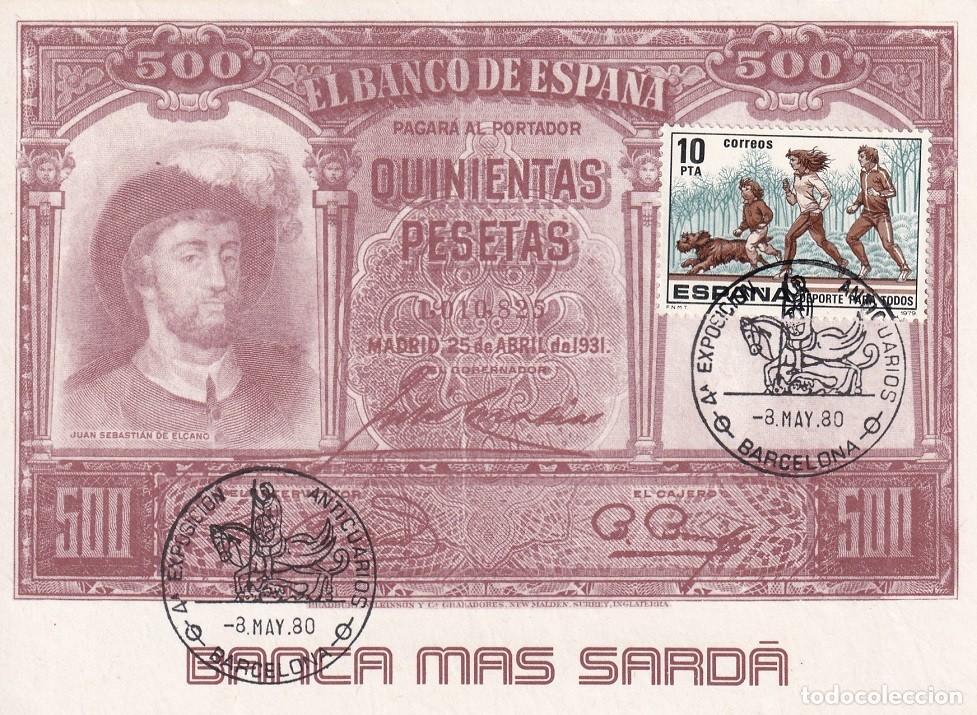 Briefmarken: Tarjeta Barcelona 1980 - Banca Mas Sard&agrave; - 4&ordf; Exposici&oacute;n Anticuarios - Matasellos especiales