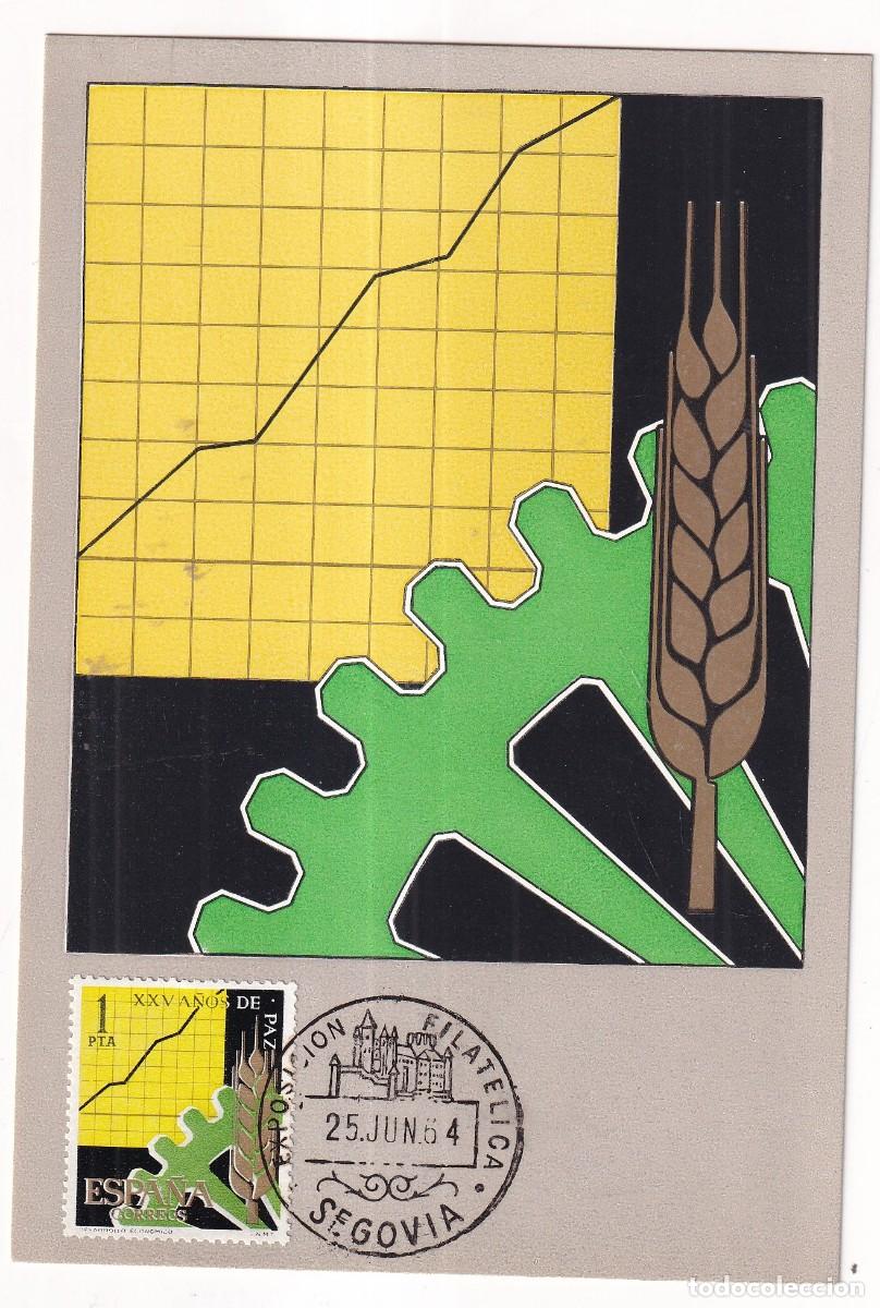 Sellos: Tarjeta m&aacute;xima. XXV A&ntilde;os de Paz. Desarrollo econ&oacute;mico. Exposici&oacute;n filat&eacute;lica Segovia 1954