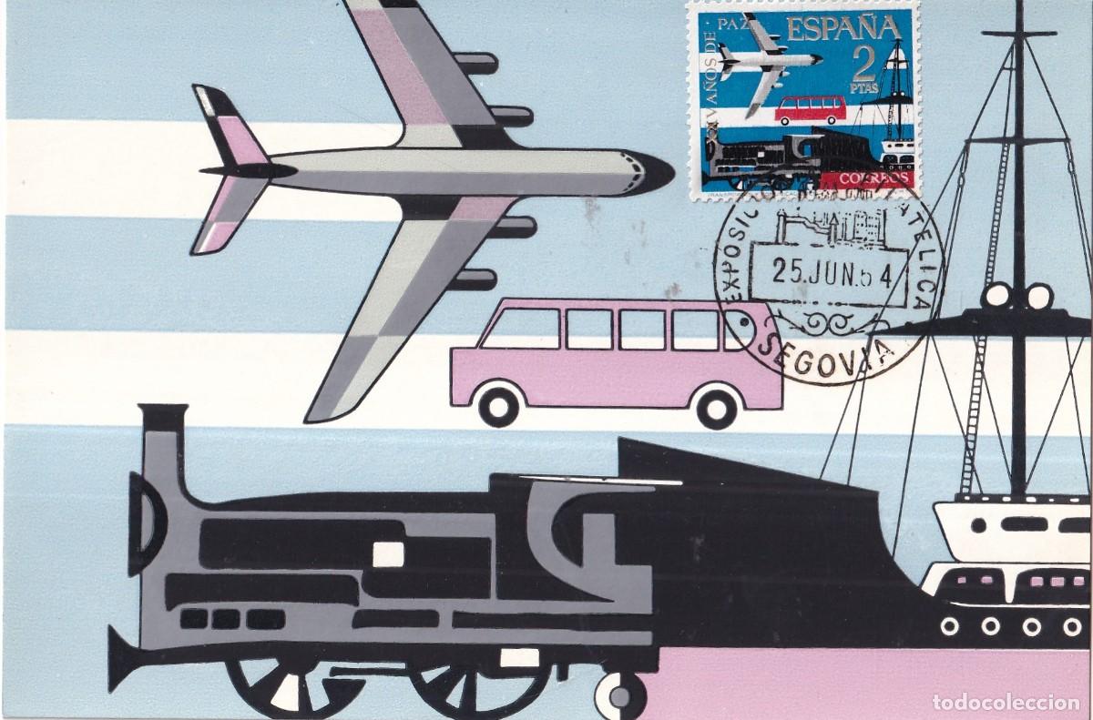 Sellos: Tarjeta m&aacute;xima. XXV A&ntilde;os de Paz. Transportes y comunicaciones. Exposici&oacute;n filat&eacute;lica Segovia 1954