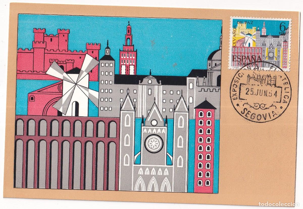 Timbres: Tarjeta m&aacute;xima. XXV A&ntilde;os de Paz. Turismo . Exposici&oacute;n filat&eacute;lica Segovia 1954