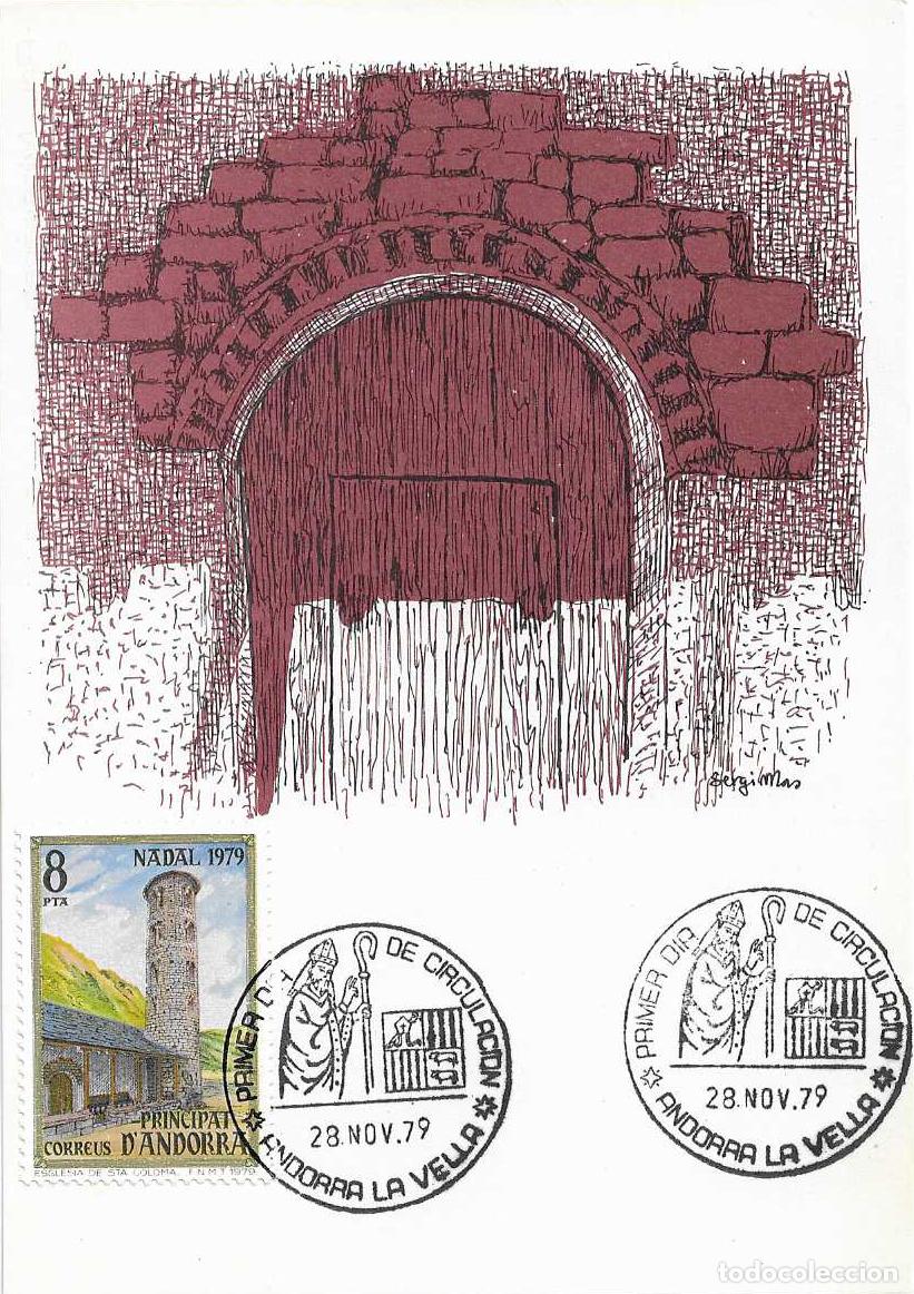 Sellos: NAVIDAD 1979 IGLESIA ROMANICA DE SANTA COLOMA ANDORRA ESPA&Ntilde;OLA (EDIFIL 128/29) EN TM PRIMER DIA VER