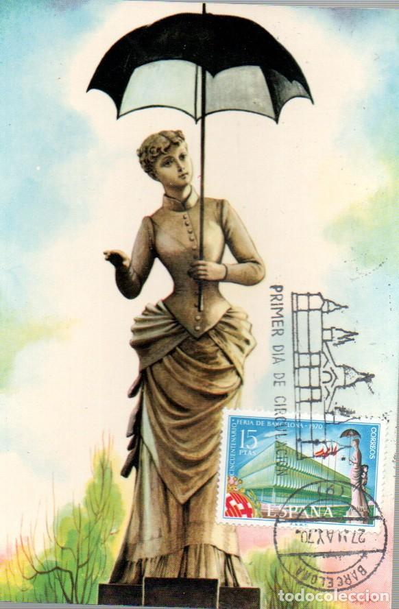 Timbres: Edifil 1975, feria de Barcelona (50 aniv&ordm;) La Dama del paraguas, tarjeta m&aacute;xima primer dia 27-5-1970