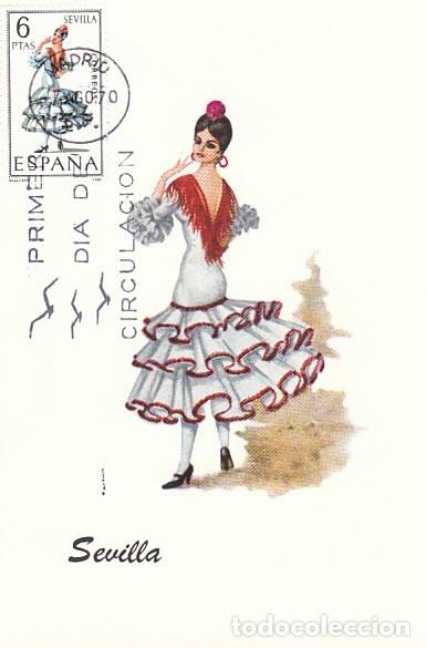 Timbres: EDIFIL 1957, TRAJE REGIONAL DE SEVILLA, TARJETA MAXIMA DE PRIMER DIA DEL A&Ntilde;O 1970