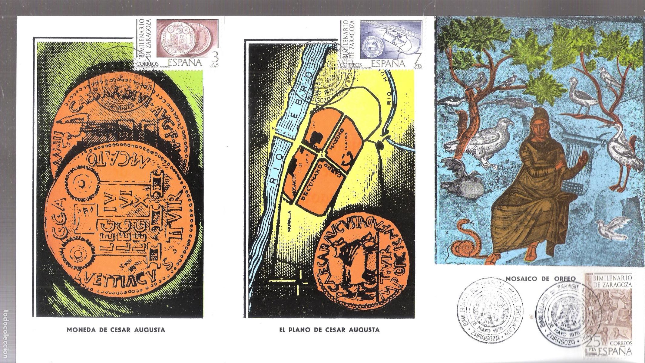 Sellos: Bimilenario de Zaragoza. Bloque tarjetas primer d&iacute;a. 26 de mayo de 1976.