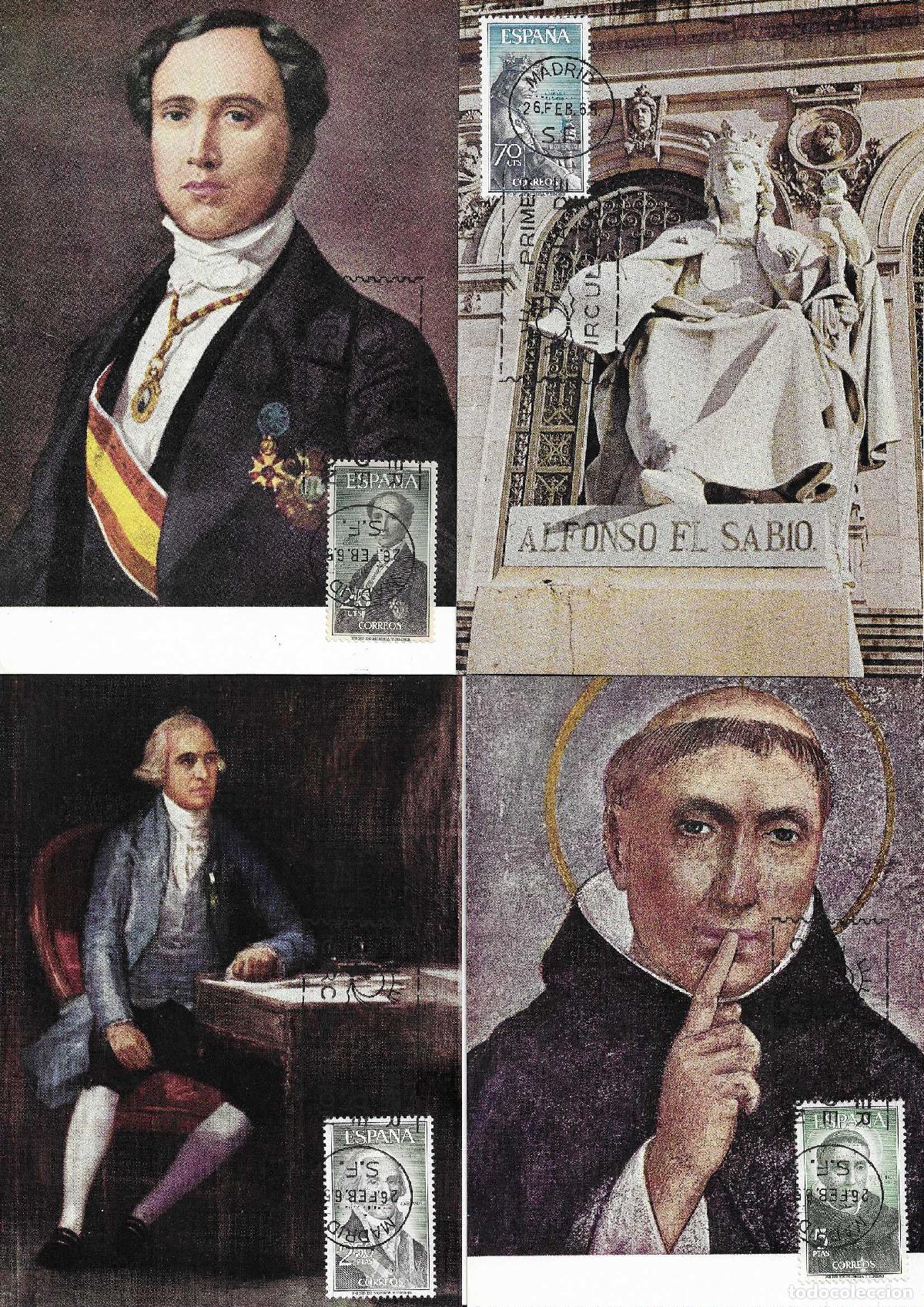 Sellos: PERSONAJES ESPA&Ntilde;OLES 1965 (EDIFIL 1653/56) EN CUATRO TARJETAS MAXIMAS PRIMER DIA MPM