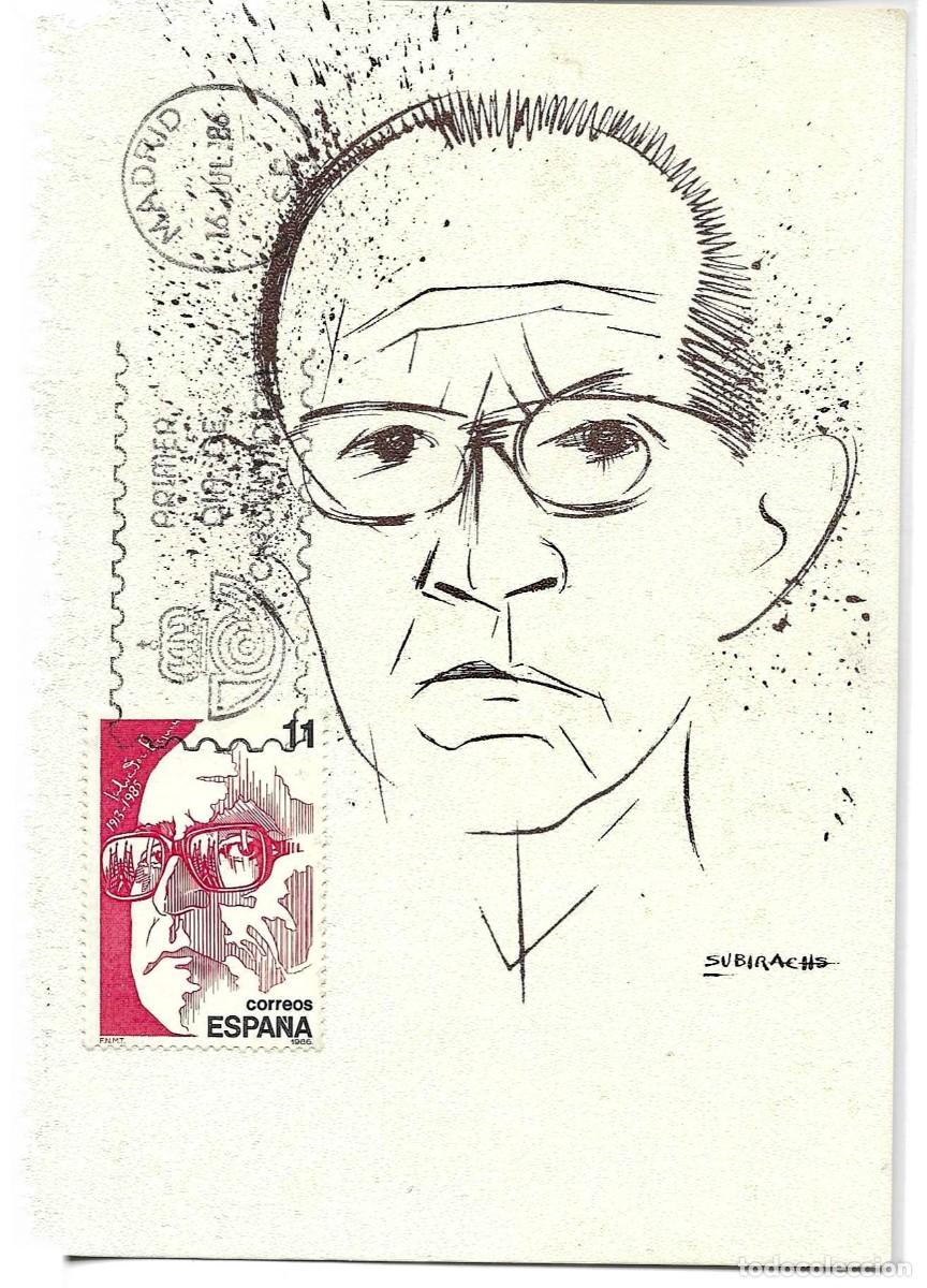 Sellos: Salvador Espriu, por Subirachas. Tarjeta con Matasello Primer Dia 16 Jul. 1986. Madrid.