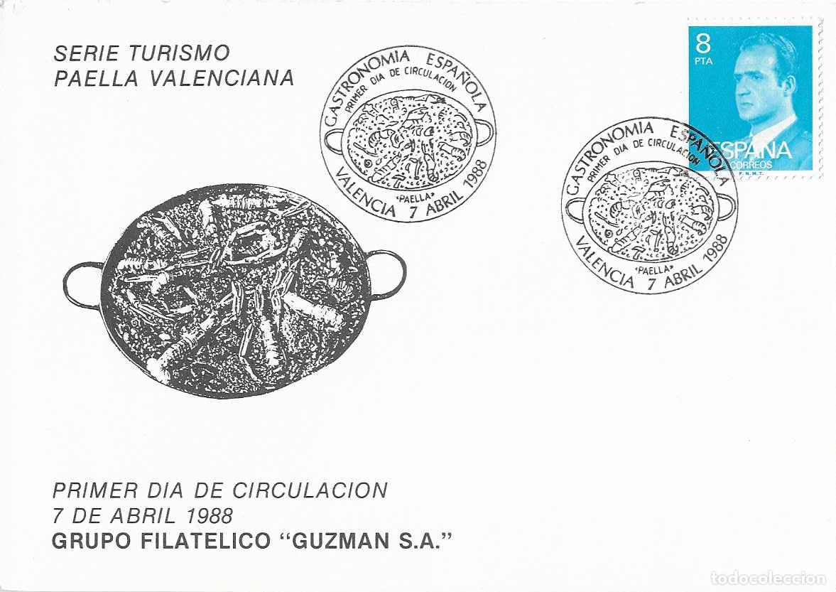 Sellos: GASTRONOMIA PAELLA VALENCIANA TURISMO 1988 (EDIFIL 2935) EN TM PD MOD 2 MATASELLOS VALENCIA RARO