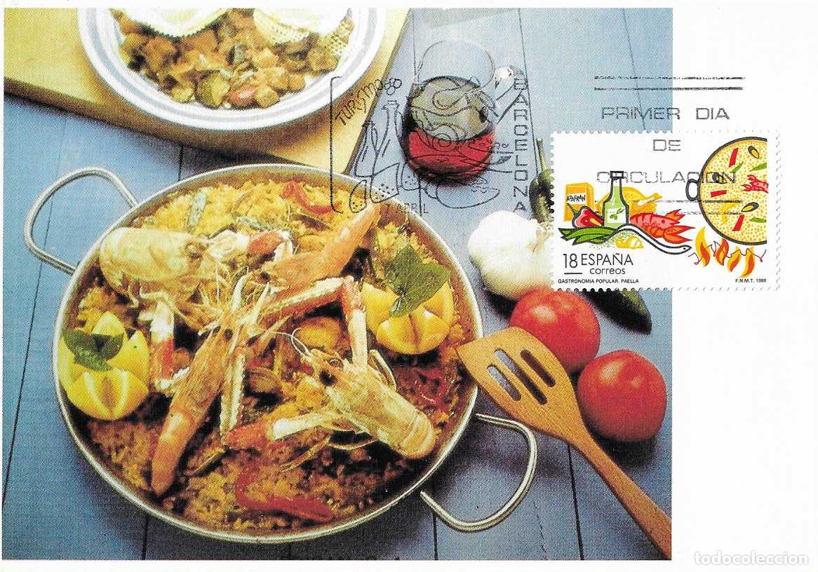 Sellos: GASTRONOMIA PAELLA VALENCIANA TURISMO 1988 (EDIFIL 2935) EN TM PRIMER DIA MATASELLOS BARCELONA RARO