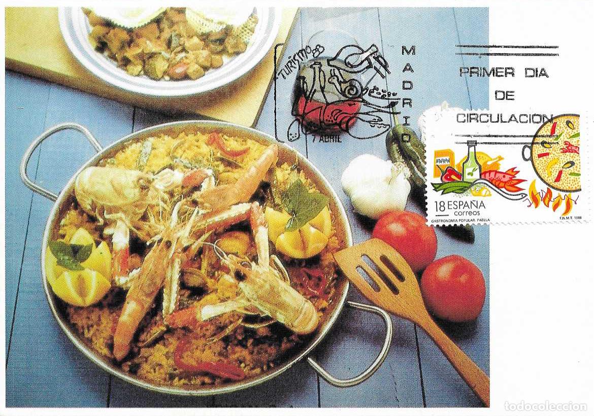 Sellos: GASTRONOMIA PAELLA VALENCIANA TURISMO 1988 (EDIFIL 2935) EN TM PRIMER DIA MATASELLOS MADRID RARO