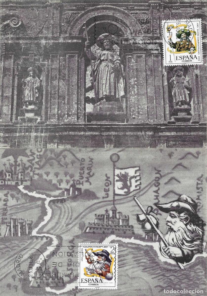 Sellos: A&Ntilde;O SANTO COMPOSTELANO 1965 (EDIFIL 1672/73) EN DOS TARJETAS MAXIMAS PRIMER DIA RELIGION MPM