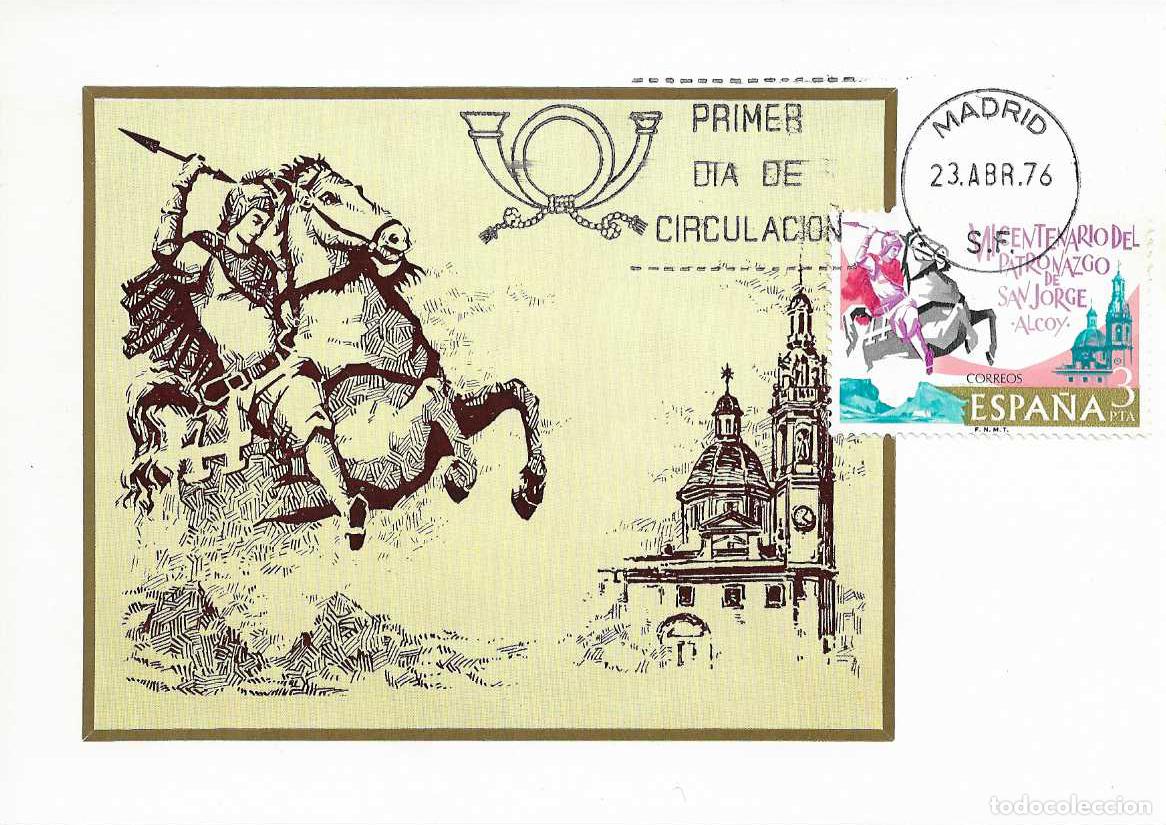 Sellos: APARICION DE SAN JORGE EN ALCOY ALICANTE VII CENTENARIO 1976 (EDIFIL 2315) TM PRIMER DIA MADRID MPM