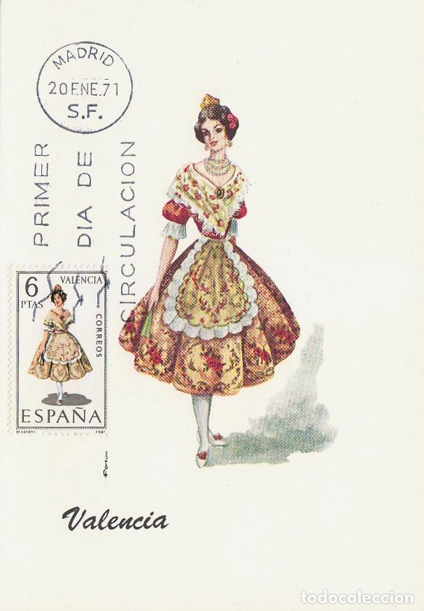 Francobolli: EDIFIL 2014, TRAJE REGIONAL DE VALENCIA, SOBRE PRIMER DIA , TARJETA MAXIMA DE PRIMER DIA 20-1-1971