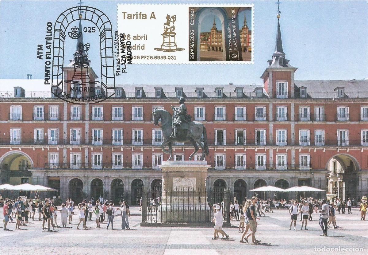 Sellos: Espa&ntilde;a Tarjeta M&aacute;xima 2026 con Sello Atm Plaza Mayor de Madrid. Plazas Filat&eacute;licas