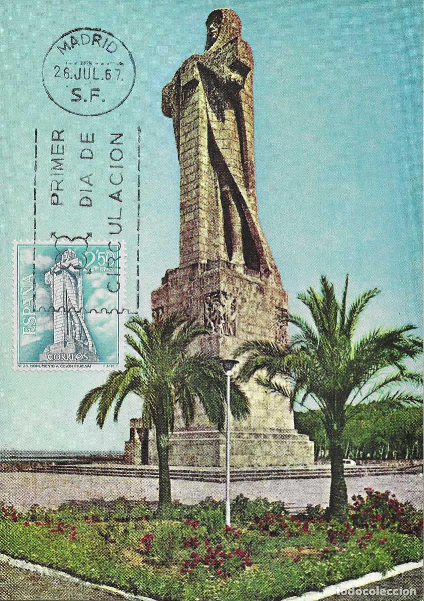 Sellos: MONUMENTO A COLON EN HUELVA SERIE TURISTICA 1967 (EDIFIL 1805) EN TARJETA MAXIMA PRIMER DIA MPM