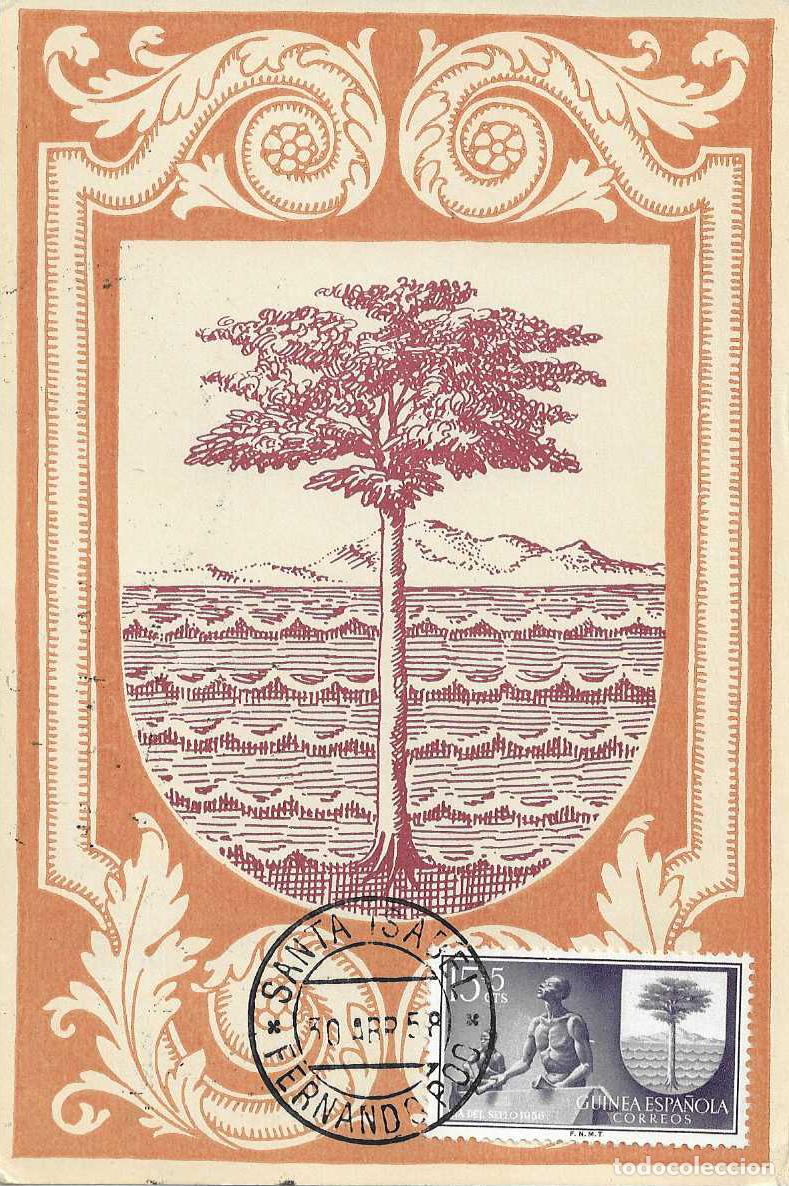 Sellos: GUINEA ESPA&Ntilde;OLA ESCUDO DE SANTA ISABEL DIA DEL SELLO 1956 (EDIFIL 363) EN TARJETA MAXIMA RARO MPM