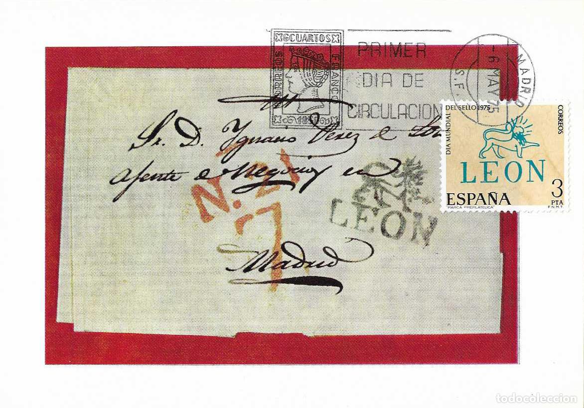 Sellos: LEON MARCA PREFILATELICA DIA MUNDIAL DEL SELLO 1975 (EDIFIL 2261) EN TM PRIMER DIA MADRID MPM