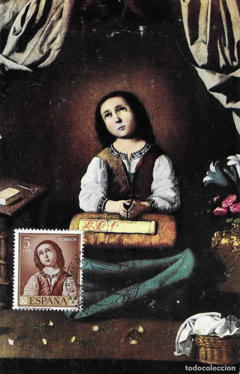 Sellos: PINTURA RELIGION VIRGEN NI&Ntilde;A FRANCISCO DE ZURBARAN 1962 (EDIFIL 1426) TM PRIMER DIA VER REVERSO MPM