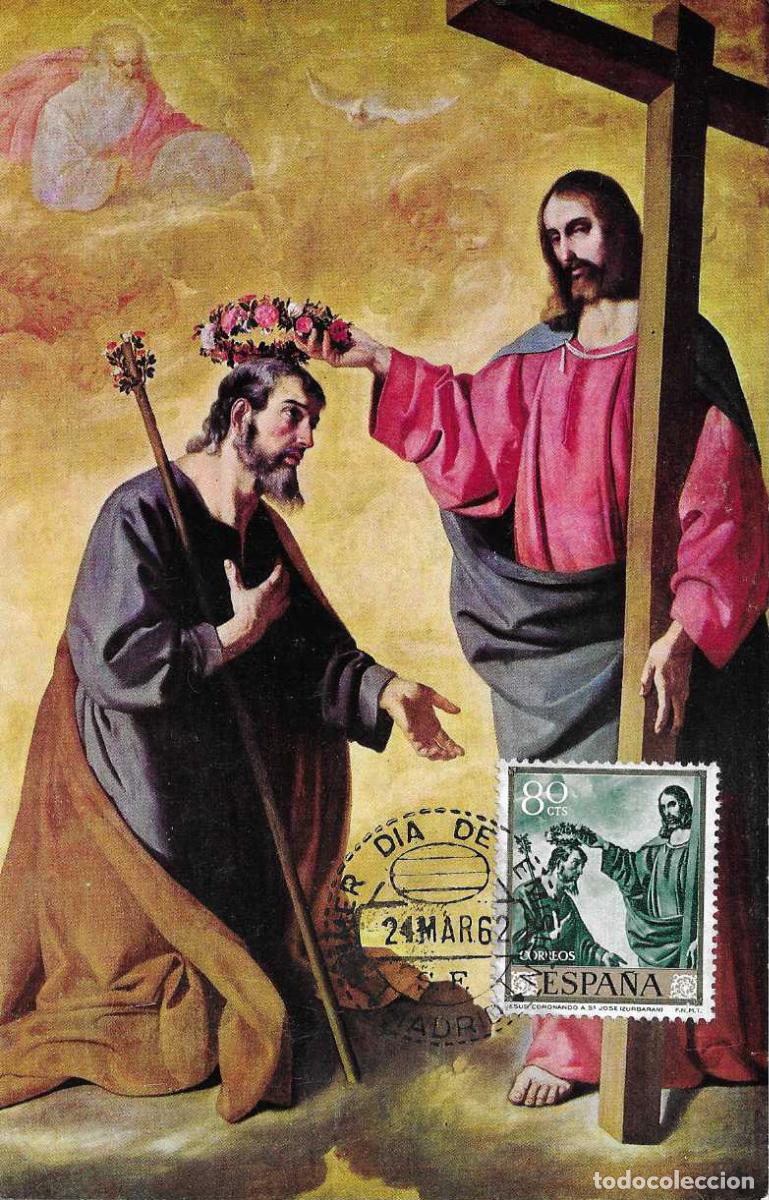 Sellos: PINTURA RELIGION JESUS CORONANDO A SAN JOSE FRANCISCO DE ZURBARAN 1962 (EDIFIL 1421) TM PD VER MPM