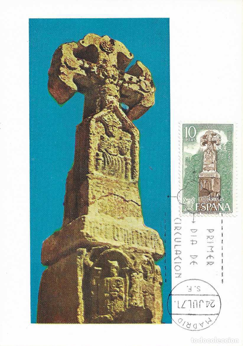 Sellos: CRUZ DE RONCESVALLES (NAVARRA) A&Ntilde;O SANTO COMPOSTELANO 1971 (EDIFIL 2053) TARJETA MAXIMA PRIMER DIA