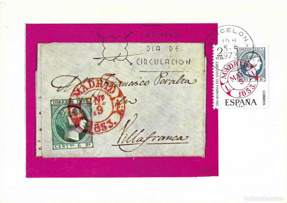 Sellos: DIA MUNDIAL DEL SELLO 1973 FECHADOR MADRID (EDIFIL 2127) EN TARJETA MAXIMA PRIMER DIA BARCELONA MPM