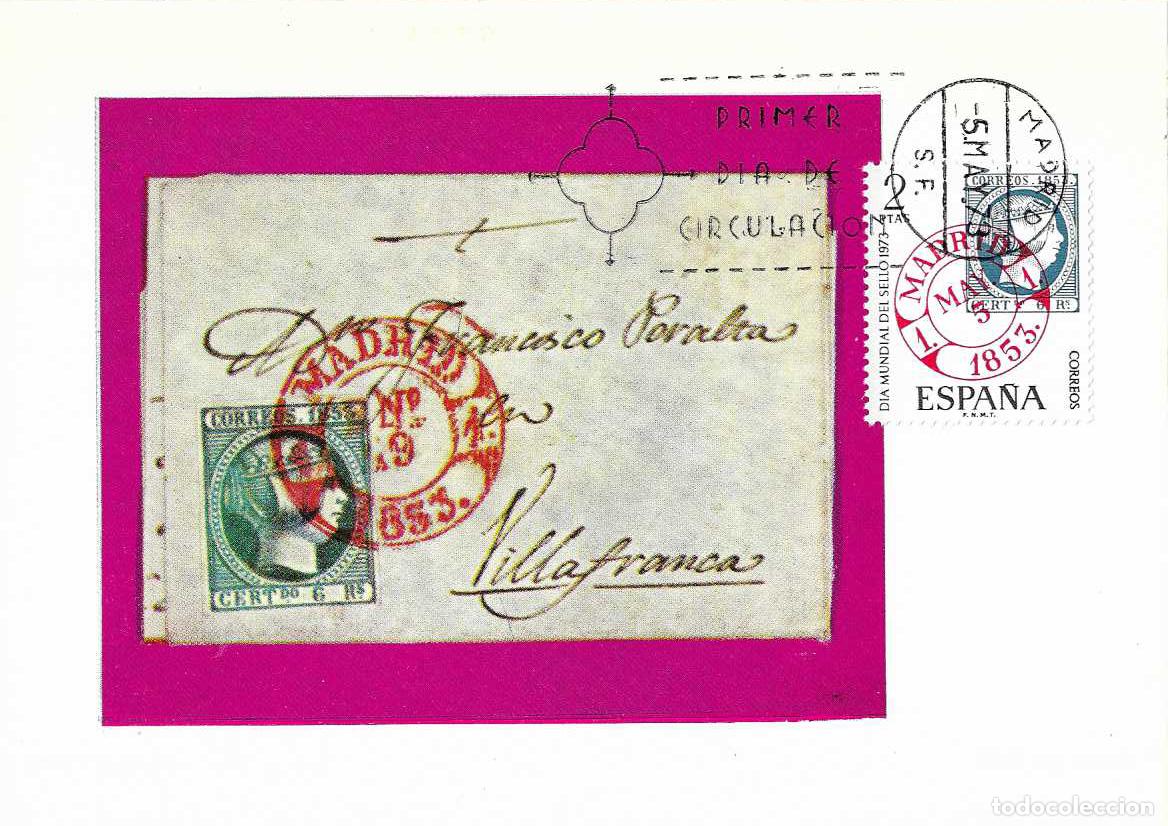 Sellos: DIA MUNDIAL DEL SELLO 1973 FECHADOR MADRID (EDIFIL 2127) EN TARJETA MAXIMA PRIMER DIA MADRID MPM