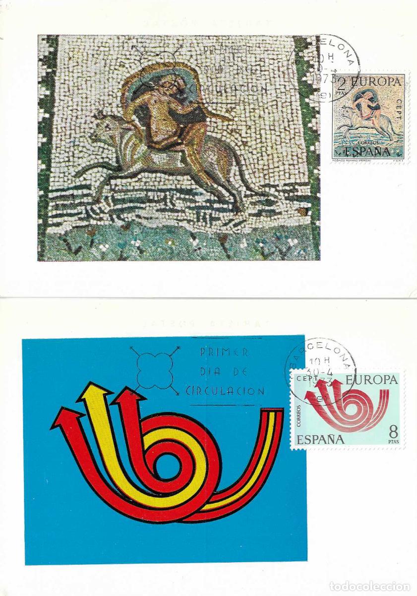 Sellos: ARQUEOLOGIA RAPTO DE EUROPA CEPT 1973 (EDIFIL 2125/26) DOS TARJETAS MAXIMAS PRIMER DIA BARCELONA MPM