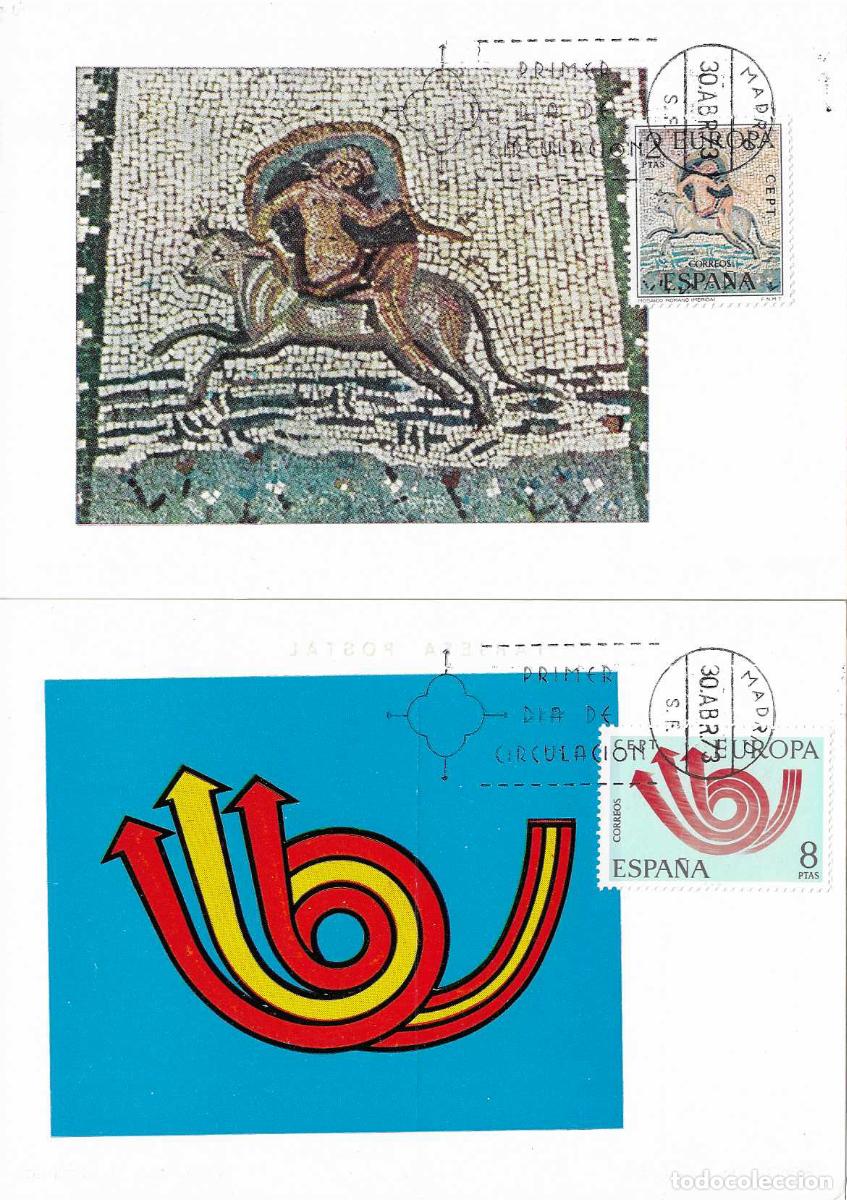 Sellos: ARQUEOLOGIA RAPTO DE EUROPA CEPT 1973 (EDIFIL 2125/26) EN DOS TARJETAS MAXIMAS PRIMER DIA MADRID MPM