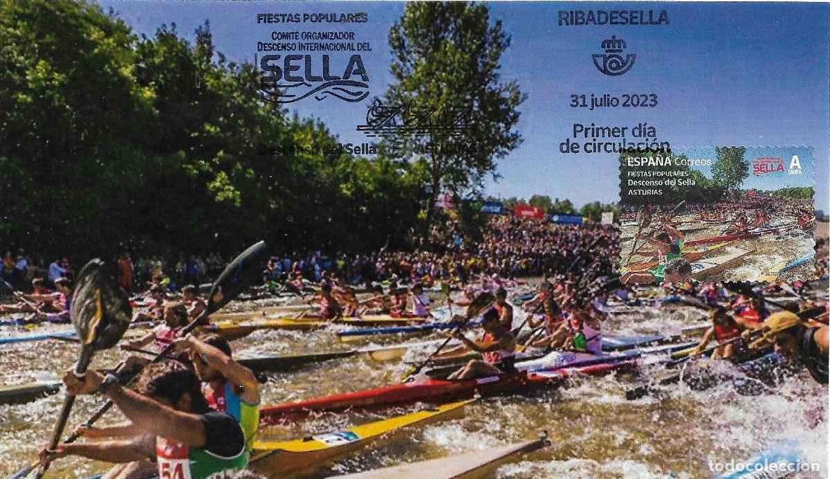 Stamps: ESPA&Ntilde;A. TARJETA MAXIMA PRIMER DIA. DESCENSO INTERNACIONAL RIO SELLA. PIRAGUISMO. RIBADESELLA. 2023