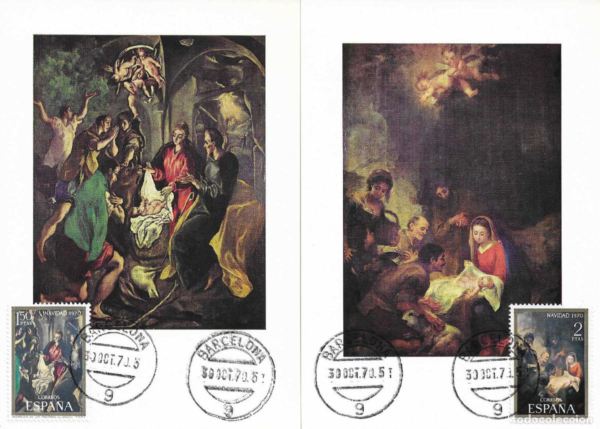 Sellos: NAVIDAD 1970 PINTURA GRECO MURILLO (EDIFIL 2002/03) EN DOS TM PD MATASELLOS FECHADOR BARCELONA MPM