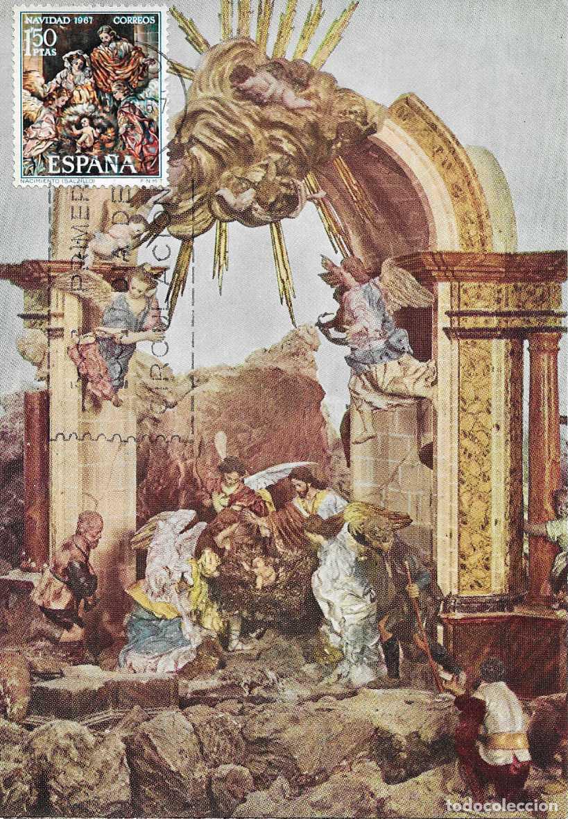 Sellos: NAVIDAD 1967 NACIMIENTO DE SALZILLO (EDIFIL 1838) EN TARJETA MAXIMA PRIMER DIA RELIGION MPM