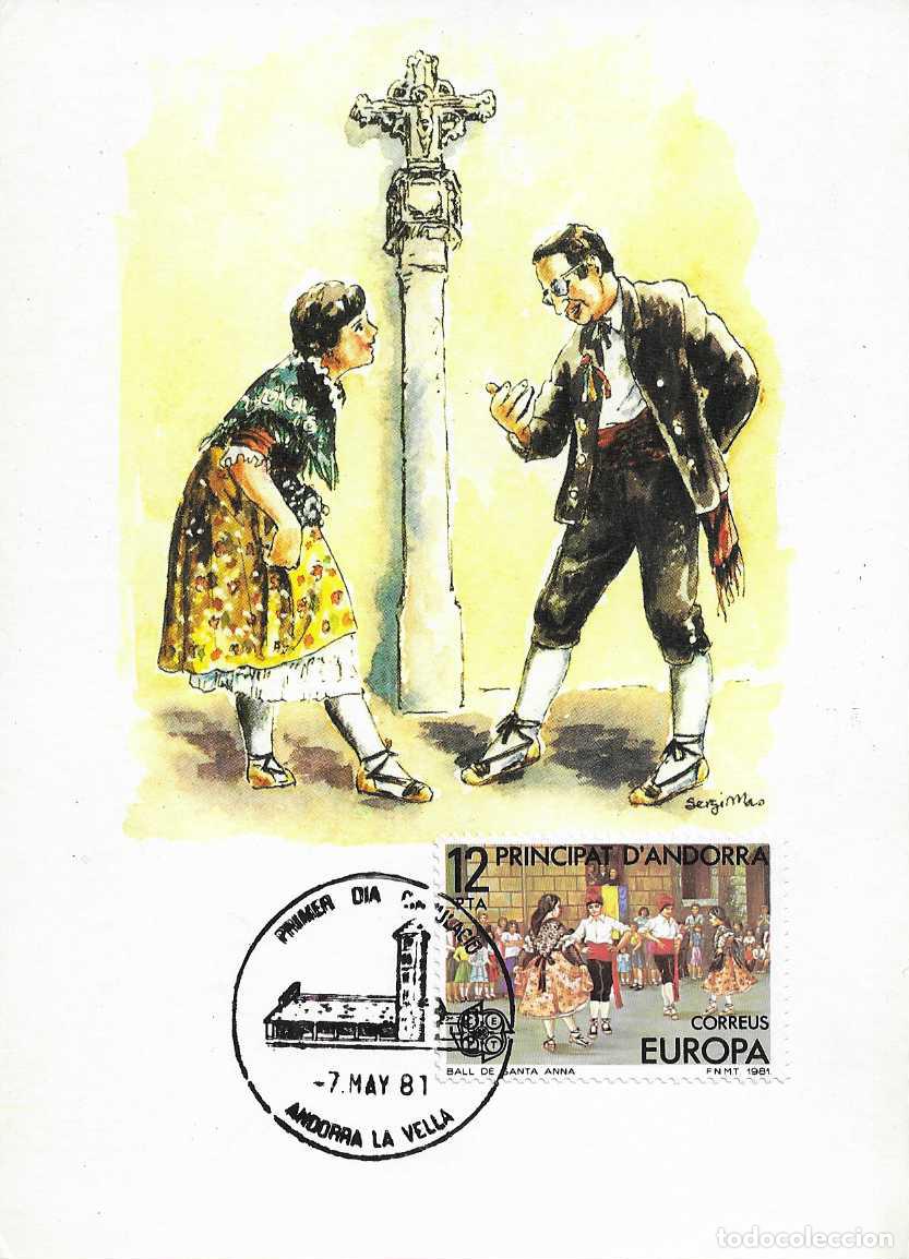 Sellos: BAILE DE SANTA ANA EUROPA 1981 ANDORRA ESPA&Ntilde;OLA (EDIFIL 140) EN TARJETA MAXIMA PRIMER DIA RARO VER